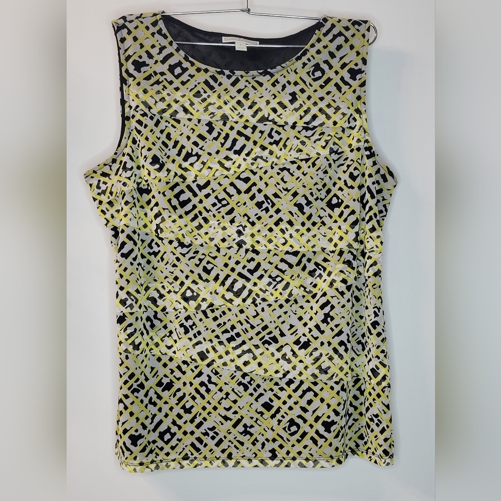 Dana Buchman Black Yellow White Geometric Ruffle Tank Top Shirt Blouse Sz. L